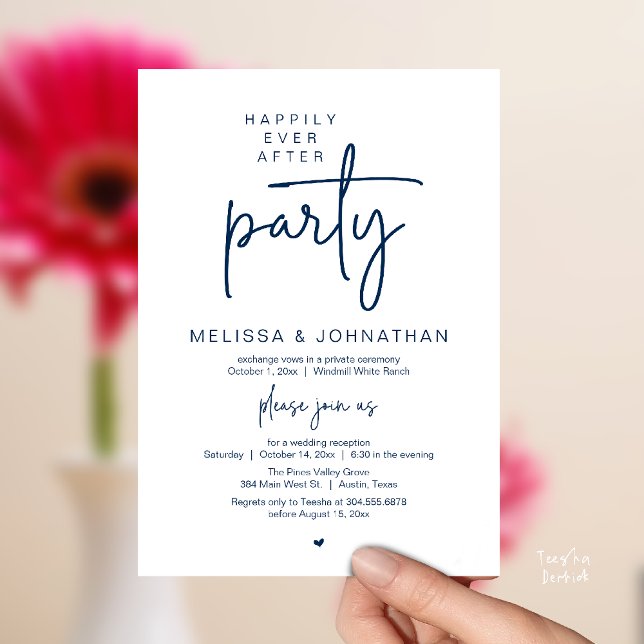 Happily Ever After Party, Modern Wedding Reception Invitation (Happily Ever After Party, Modern Wedding Reception Dinner Invitation Card in Navy Blue)