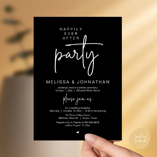 Happily Ever After Party, Modern Wedding Reception Invitation (Happily Ever After Party, Modern Wedding Reception Dinner Invitation Card in Black and White)