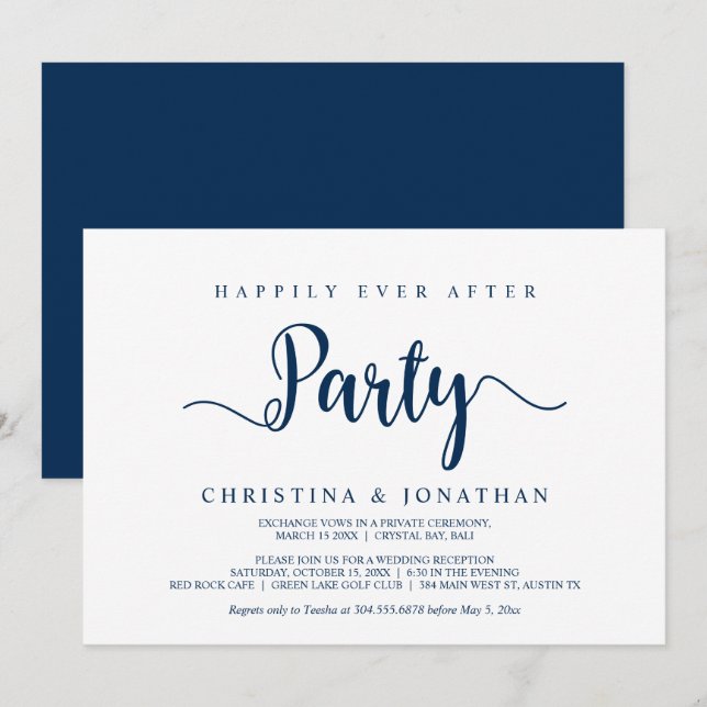 Happily Ever After party, Navy Blue, Elopement Invitation (Front/Back)