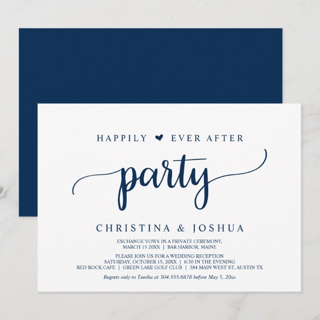 Happily Ever After Party, Navy Blue Elopement Invitation (Front/Back)