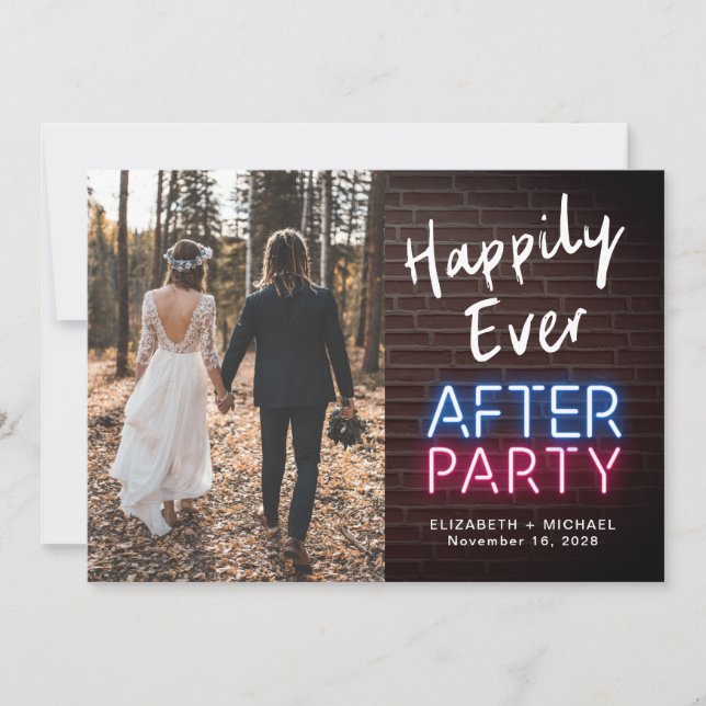 Happily Ever After Party Neon Lights Photo Wedding Announcement (Front)