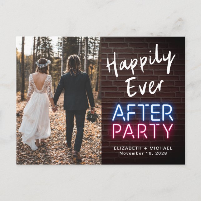 Happily Ever After Party Neon Lights Photo Wedding Announcement Postcard (Front)