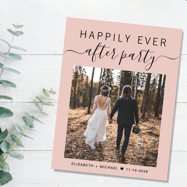 Happily Ever After Party Photo Blush Wedding Announcement Postcard (An chic Happily Ever After Party postcard invitation for your wedding celebration)