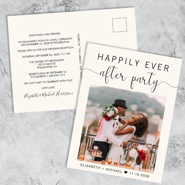 Happily Ever After Party Photo Cream Wedding Announcement Postcard (Creator Uploaded)