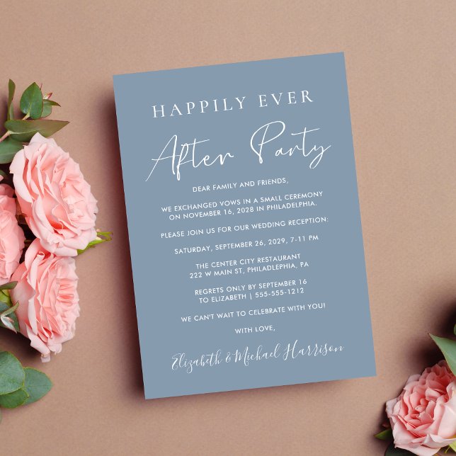 Happily Ever After Party Photo Dusty Blue Wedding Announcement (From private vows to a grand happily ever after party - celebrate with family and friends)