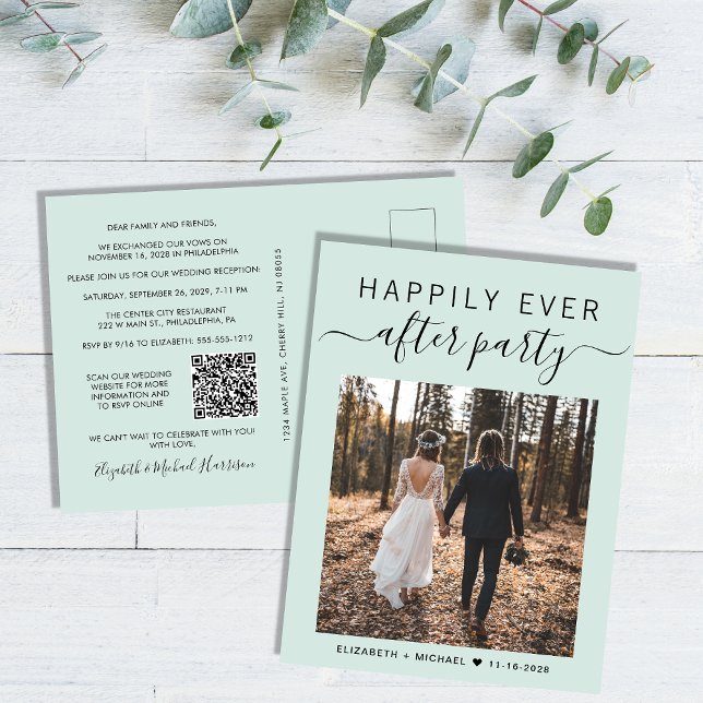 Happily Ever After Party Photo QR Code Wedding Announcement Postcard (Our user-friendly template allows you to easily tailor the invitation to your event)
