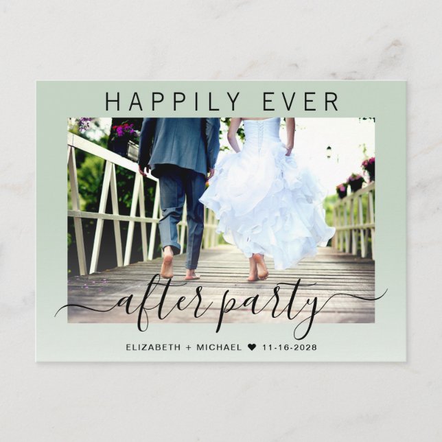 Happily Ever After Party Photo Sage Green Wedding Announcement Postcard (Front)