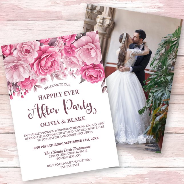 Happily Ever After Party Pink Floral Reception Invitation (Creator Uploaded)