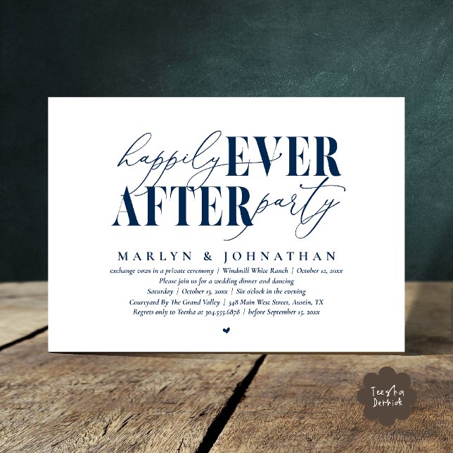 Happily Ever After Party Romance Wedding Reception Invitation (Happily Ever After Party Romance Wedding Reception Dinner Invitation Card in Navy Blue)