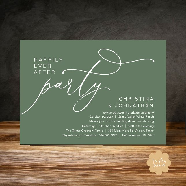 Happily Ever After Party, Romantic Wedding Dinner Invitation (Happily Ever After Party, Romantic Wedding Dinner Invitation card in sage green)