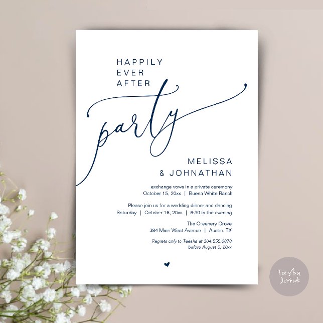 Happily Ever After Party Romantic Wedding Dinner Invitation (Happily Ever After Party Romantic Wedding Dinner Invitation Card in Navy Blue )