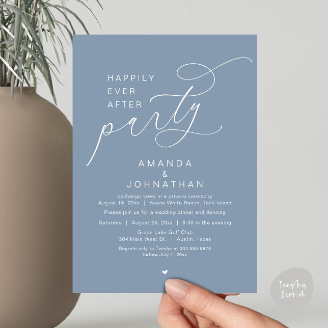 Happily Ever After Party, Romantic Wedding Dinner Invitation (Happily Ever After Party, Modern Romantic Wedding Dinner Invitation Card, PDF, Dusty Blue)