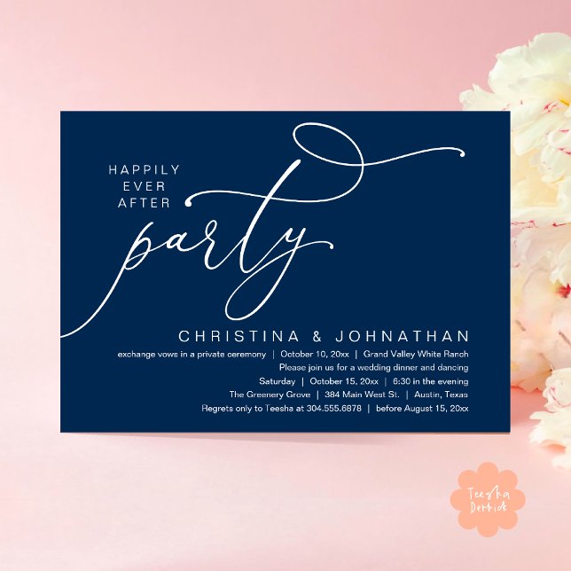 Happily Ever After Party, Romantic Wedding Dinner Invitation (Happily Ever After Party, Romantic Modern Elopement Dinner Dancing Invites Card PDF Navy Blue)