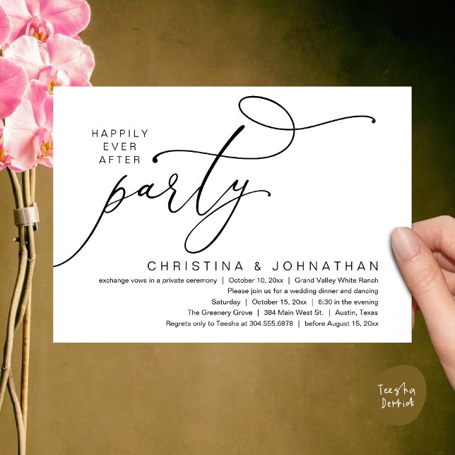 Happily Ever After Party, Romantic Wedding Dinner Invitation (Happily Ever After Party, Romantic Modern Elopement Dinner Dancing Invites Card PDF Black White)