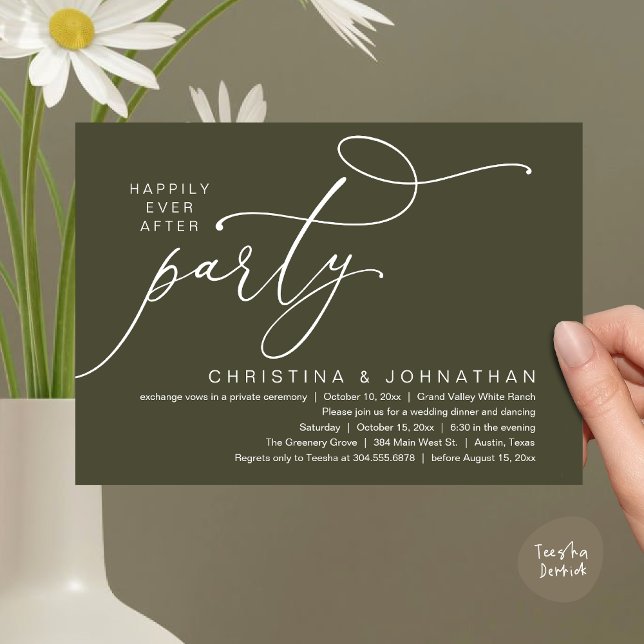 Happily Ever After Party, Romantic Wedding Dinner Invitation (Happily Ever After Party, Romantic Modern Elopement Dinner Dancing Invites Card PDF Olive Green)