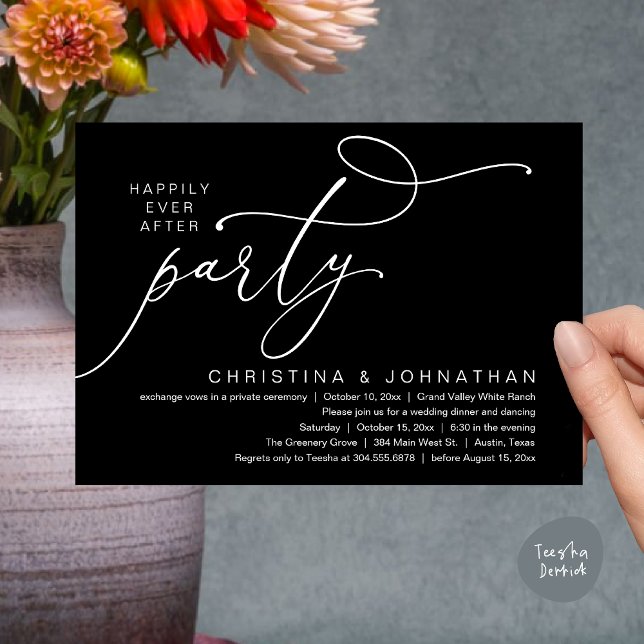 Happily Ever After Party, Romantic Wedding Dinner Invitation (Happily Ever After Party, Romantic Modern Elopement Dinner Dancing Invites Card PDF Classy Black)
