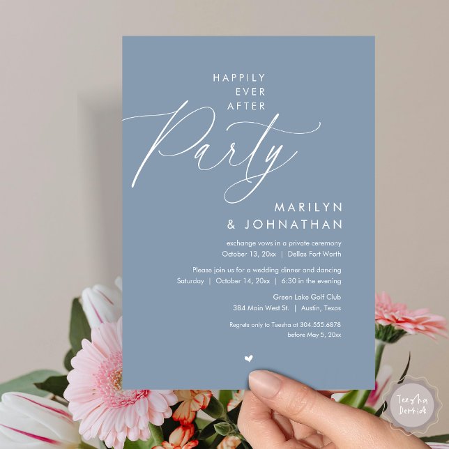 Happily Ever After Party, Romantic Wedding Dinner Invitation (Happily Ever After Party, Modern Romantic Wedding Dinner Invitation Card, PDF, in Dusty Blue)
