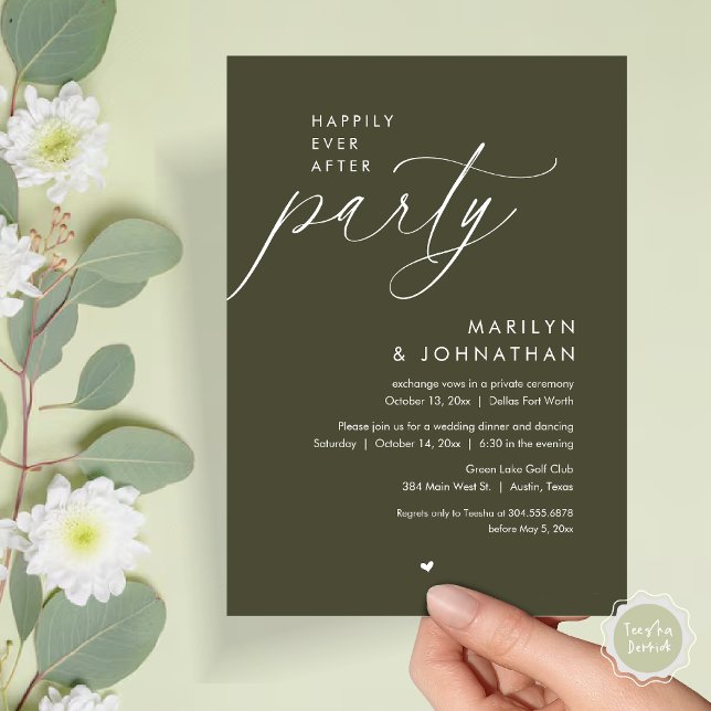Happily Ever After Party, Romantic Wedding Dinner Invitation (Happily Ever After Party, Modern Romantic Wedding Dinner Invitation Card, PDF, in Olive Green)