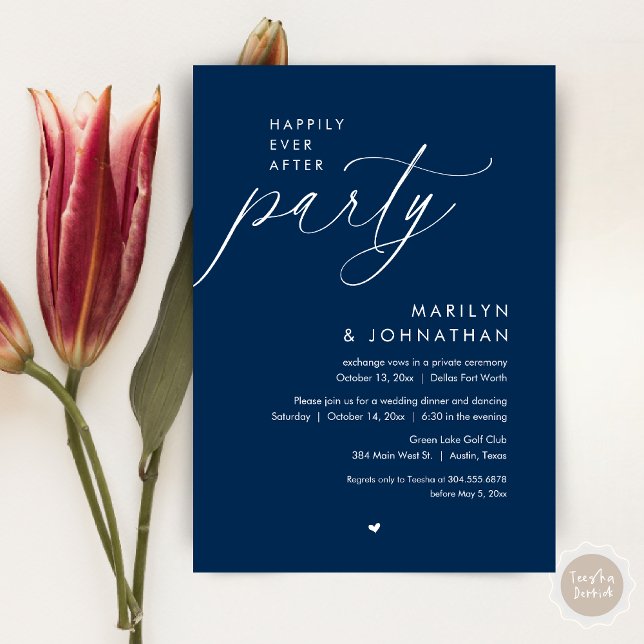 Happily Ever After Party, Romantic Wedding Dinner Invitation (Happily Ever After Party, Modern Romantic Wedding Dinner Invitation Card, PDF, in Navy Blue)