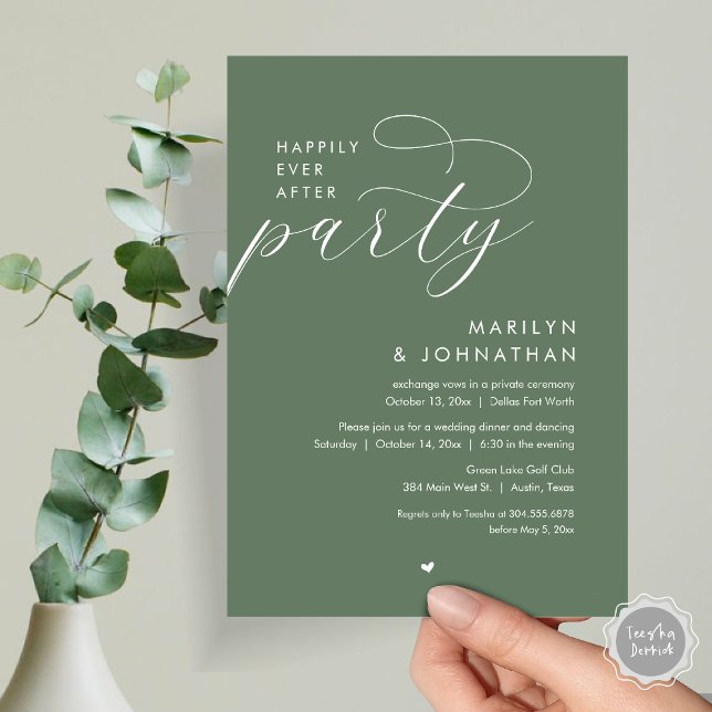 Happily Ever After Party, Romantic Wedding Dinner Invitation (Happily Ever After Party, Modern Romantic Wedding Dinner Invitation Card, PDF, in Forest Sage Green)