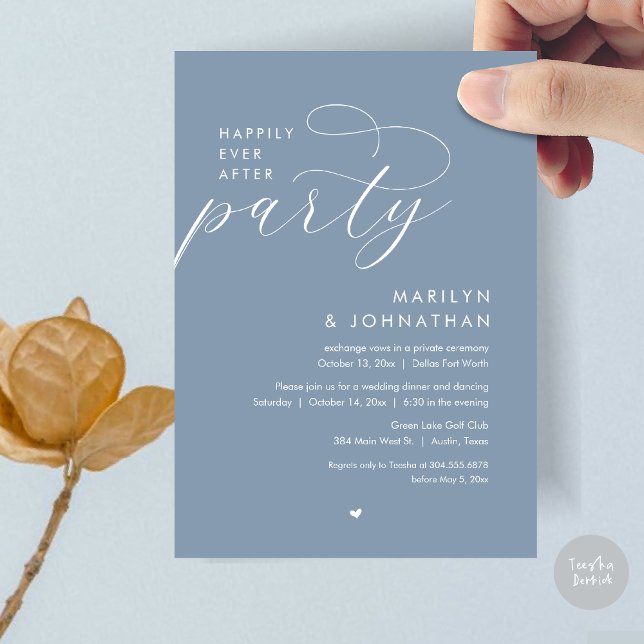 Happily Ever After Party, Romantic Wedding Dinner Invitation (Happily Ever After Party, Modern Romantic Wedding Dinner Invitation Card, PDF, in Dusty Blue)