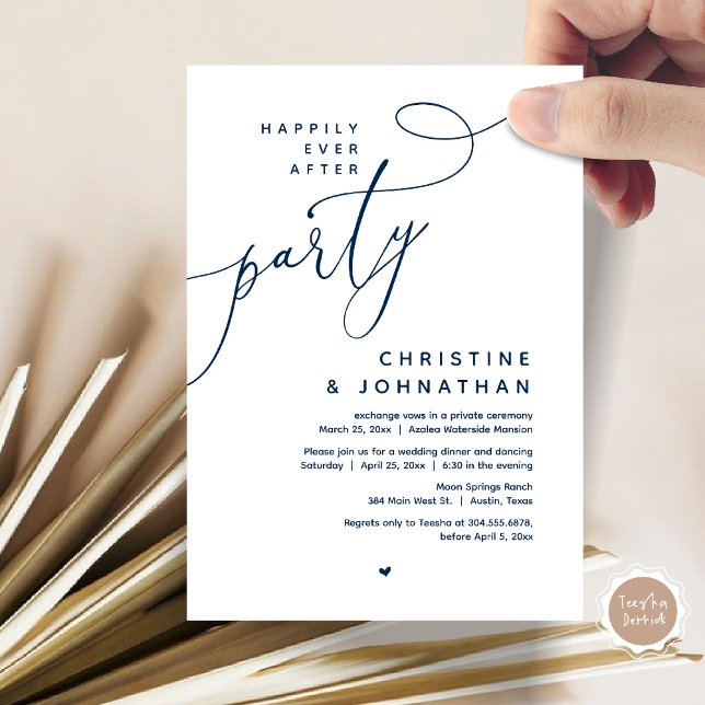 Happily Ever After Party, Romantic Wedding Dinner Invitation (Romantic Happily Ever After Party, Modern Wedding Dinner Invitation Card, PDF, Classy Navy Blue)