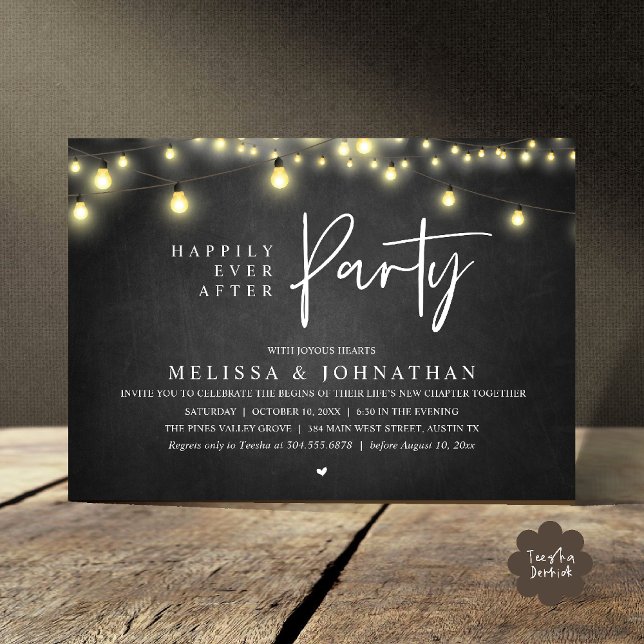 Happily Ever After Party, Rustic String Lights Invitation (Happily Ever After Party, Rustic Wedding String Lights Invitation card, Reception chalkboard)