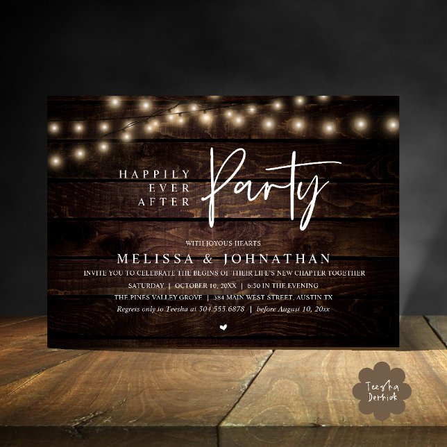Happily Ever After Party, Rustic String Lights Invitation (Happily Ever After Party, Rustic Wedding String Lights Invitation card, Reception Brown Wood)