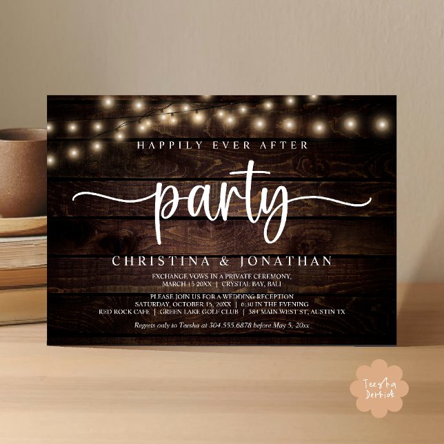 Happily Ever After Party, Rustic String Lights Wed Invitation (Happily Ever After Party, Rustic String Lights Wed Invitation Card, Dark Brown Wood Background)