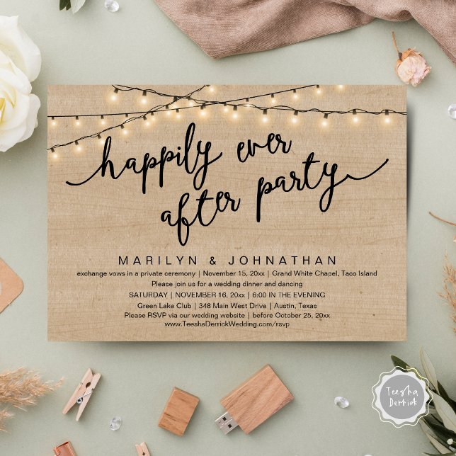 Happily Ever After Party, Rustic Wedding Dinner Invitation (Happily Ever After Party, Rustic Wedding Dinner Dancing Invitation Card, PDF, Brown Wood Background)