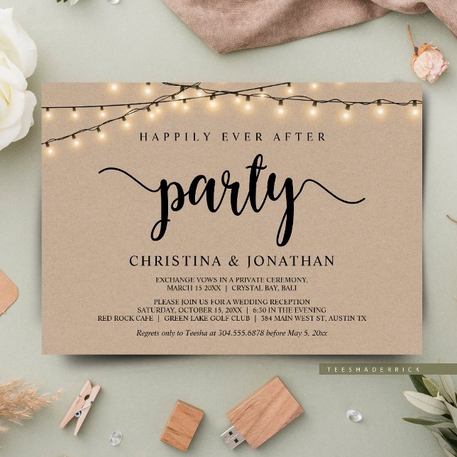 Happily Ever After party,  String Lights Elopement Invitation (Happily Ever After Elopement Party, Cottage String Lights Brown Kraft, Post Wedding Invites Cards.)