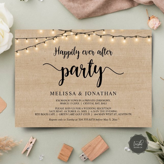 Happily Ever After party,  String Lights Elopement Invitation (Happily Ever After party, Wedding Elopement Dinner Invites, String Lights Rustic Wood, downloadable)