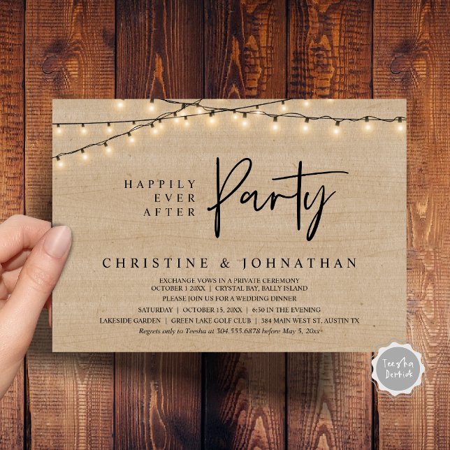 Happily Ever After party,  String Lights Elopement Invitation (Happily Ever After party, String Lights Brown Rustic Wood, Wedding Elopement Invitation Cards)