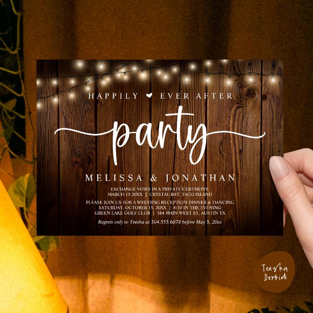 Happily Ever After party,  String Lights Elopement Invitation (Happily Ever After Party, Cottage String Lights Elopement Invitation Card, PDF, Brown Wood)