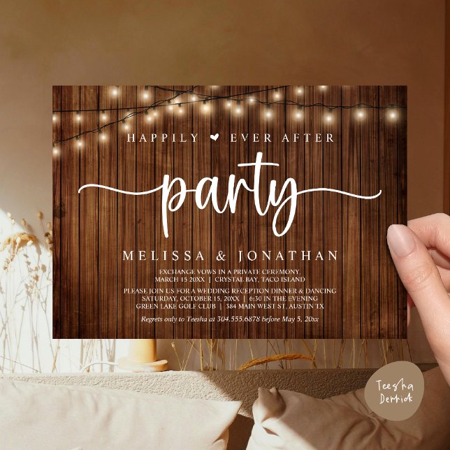 Happily Ever After party,  String Lights Elopement Invitation (Happily Ever After Party, Cottage String Lights Elopement Invitation Card, PDF, Brown Wood)