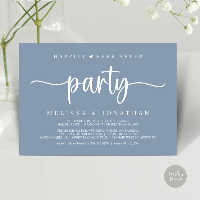 Happily Ever After party,  String Lights Elopement Invitation (Happily Ever After Party, Elopement Dinner Dancing, Rustic Cottage Invitation Card, PDF, Dusty Blue)