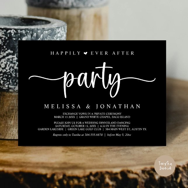 Happily Ever After party,  String Lights Elopement Invitation (Happily Ever After Party, Elopement Dinner Dancing, Rustic Cottage Invitation Card, PDF Classy Black)