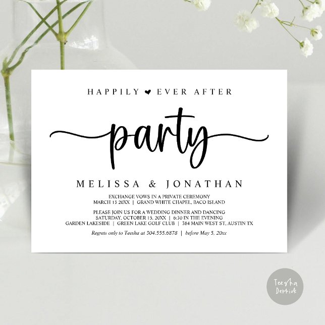 Happily Ever After party,  String Lights Elopement Invitation (Happily Ever After Party, Elopement Dinner Dancing, Rustic Cottage Invitation Card, PDF, White Black)