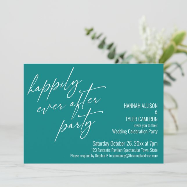 Happily Ever After Party Teal Wedding Reception Invitation (Standing Front)