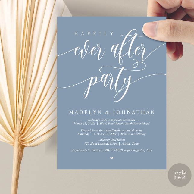 Happily Ever After Party Wedding Dinner, Copper Invitation (Happily Ever After Party, Modern Calligraphy Wedding Dinner Invitation Card, PDF, in Dusty Blue)