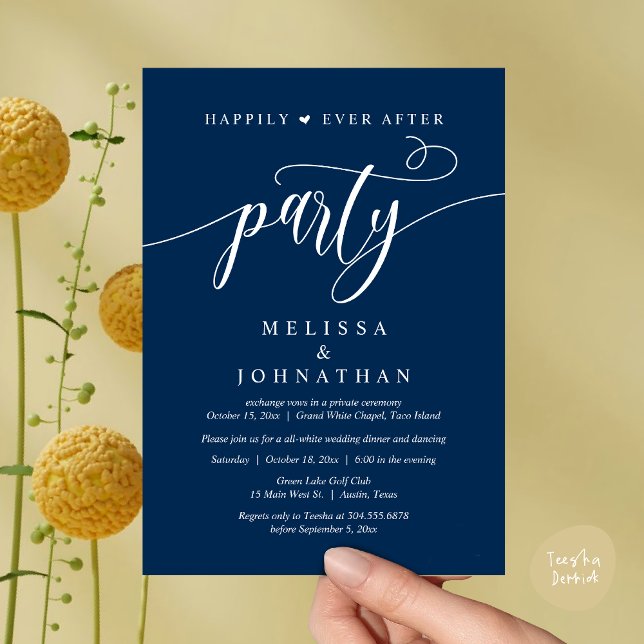 Happily Ever After Party, Wedding Dinner Dancing Invitation (Happily Ever After Dinner, Wedding Party Dancing Invitation Card PDF Modern Romantic Navy Blue)