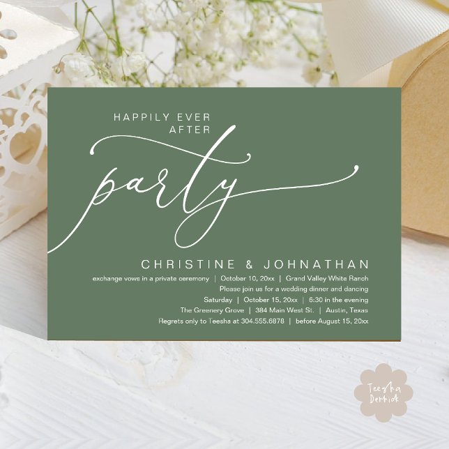 Happily Ever After Party, Wedding Dinner Dancing Invitation (Happily Ever After Party, Romantic Modern Elopement Dinner Dancing Invites Card PDF Sage Green)