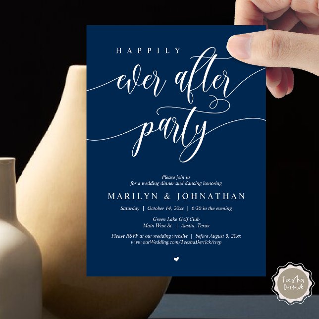 Happily Ever After Party, Wedding Dinner Dancing Invitation (Happily Ever After Party, Modern Minimalist Wedding Dinner Invitation Card, PDF, Navy Blue)