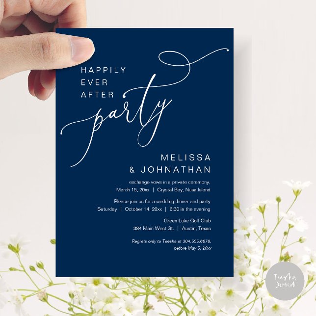 Happily Ever After Party, Wedding Dinner, Navy Invitation (Happily Ever After Party, Romantic Wedding Dinner and Dancing Invitation Card, PDF, in Navy Blue)