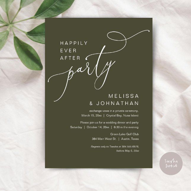 Happily Ever After Party, Wedding Dinner, Olive Invitation (Happily Ever After Party, Romantic Wedding Dinner and Dancing Invitation Card, PDF, in Olive Green)