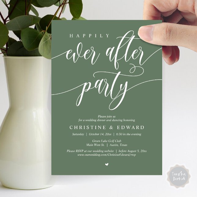 Happily Ever After Party, Wedding Elopement Dinner Invitation (Happily Ever After Party, Modern Wedding Elopement Dinner Invitation Card, PDF, in Forest Sage Green)