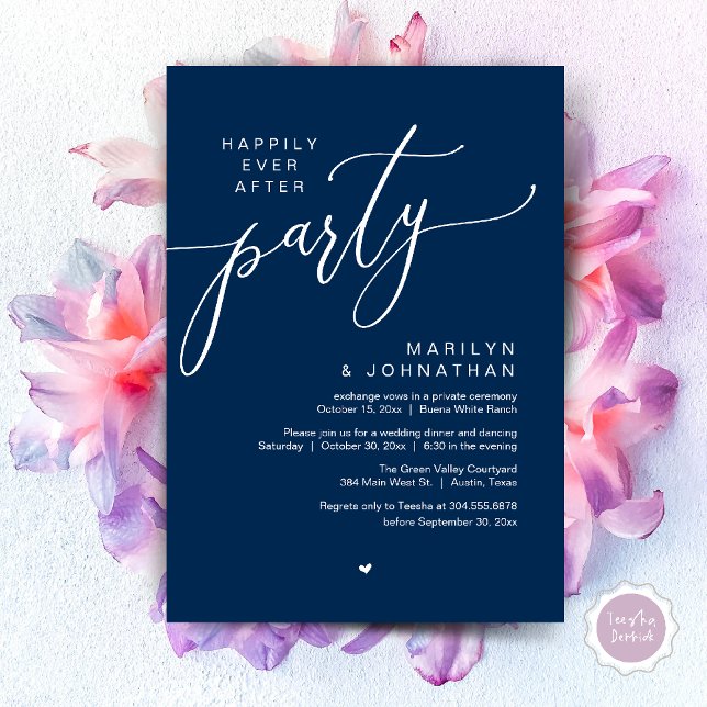 Happily Ever After Party Wedding Elopement Dinner Invitation (Happily Ever After Party Wedding Elopement Romantic Dinner Brunch Invitation Card PDF Navy Blue)