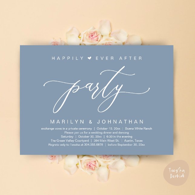 Happily Ever After Party Wedding Elopement Dinner Invitation (Happily Ever After Party Wedding Elopement Romantic Dinner Brunch Invitation Card PDF Dusty Blue)