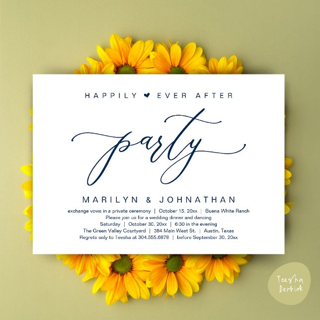 Happily Ever After Party Wedding Elopement Dinner Invitation (Happily Ever After Party Wedding Elopement Romantic Dinner Brunch Invitation Card PDF Navy Blue)