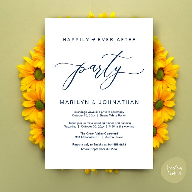 Happily Ever After Party Wedding Elopement Dinner Invitation (Happily Ever After Party Wedding Elopement Romantic Dinner Brunch Invitation Card PDF Navy Blue)